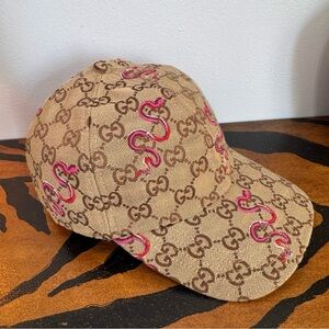 Gucci Tan GG Canvas Cap with Pink Snake Embroidery